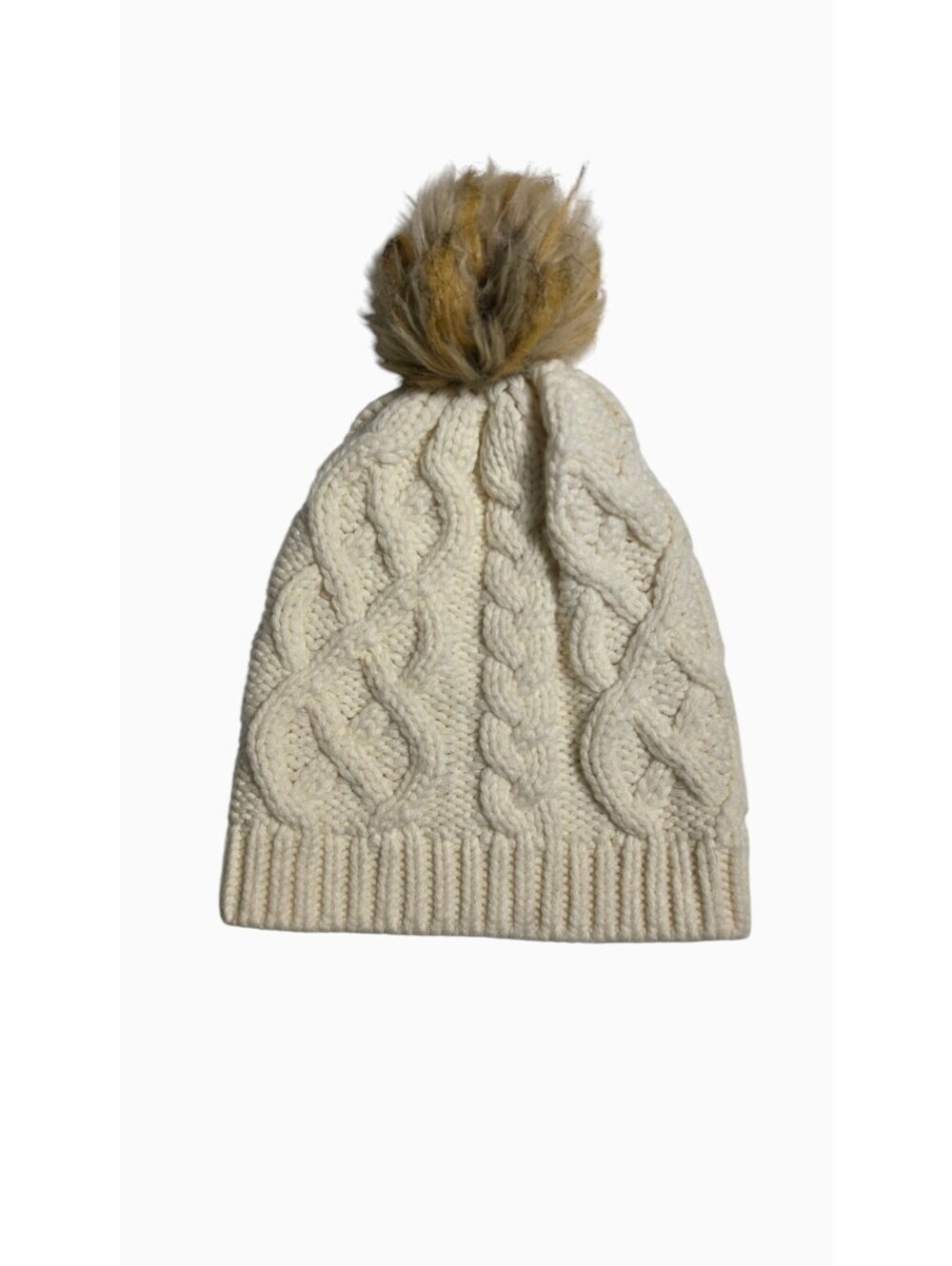 J.Crew Cable Knit Pom Pom Beanie Cream Faux Fur Winter Hat One Size